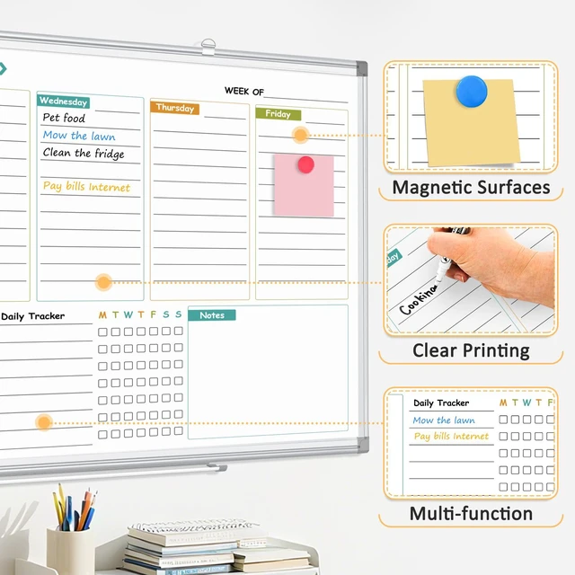 Alt view image 4 of 6 - Weekly Dry Erase Calendar Whiteboard with Corkboard, 24" x 18", Silver Magnetic, White Board Cork Board Combo, Double Sided, Wall Mounted, Aluminum Frame, for Home, Office, Kitchen, Dorm