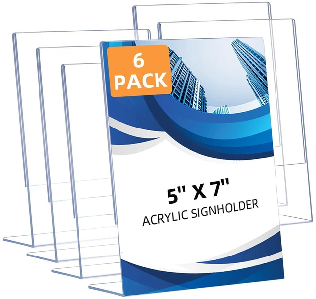 Main image of 6 Pack Slanted Back Acrylic Sign Holders 5x7 for Business & Store, Tabletop Vertical Sign Holder with Anti-Slip Pads Clear Display Stand, for Menus Flyers Documents Office Restaurants Party Decoration