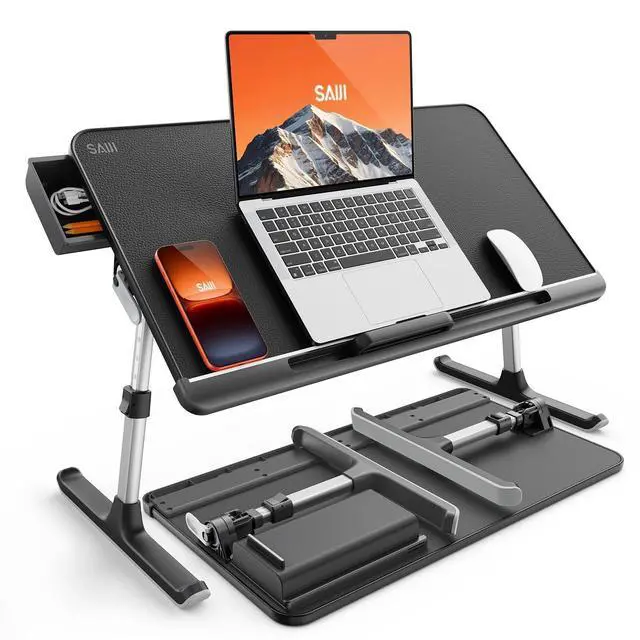 Main image of Laptop Bed Tray Table - Adjustable Lap Desk for Couch (Dark Black) Fits 17" Laptop, Work From Home & Dorm Study, with Storage Drawer & PVC Leather