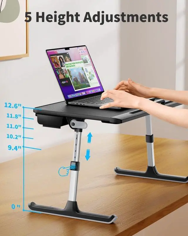 Alt view image 4 of 6 - Laptop Bed Tray Table - Adjustable Lap Desk for Couch (Dark Black) Fits 17" Laptop, Work From Home & Dorm Study, with Storage Drawer & PVC Leather