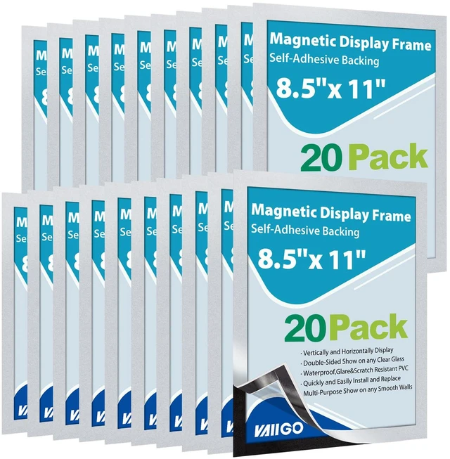 Main image of 20 Pack Magnetic Sign Holder 8.5 x 11, Self-Adhesive Magnetic Picture Frame & Document Holder for Wall, Door, Fridge, Glass - Double-Sided Magnetic Frame for Poster & Paper Display (Silver)
