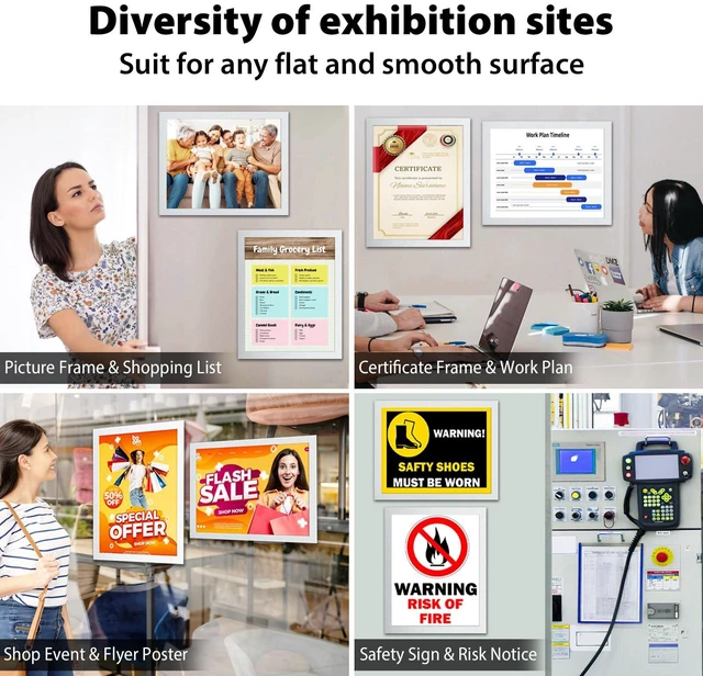 Alt view image 2 of 7 - 20 Pack Magnetic Sign Holder 8.5 x 11, Self-Adhesive Magnetic Picture Frame & Document Holder for Wall, Door, Fridge, Glass - Double-Sided Magnetic Frame for Poster & Paper Display (Silver)