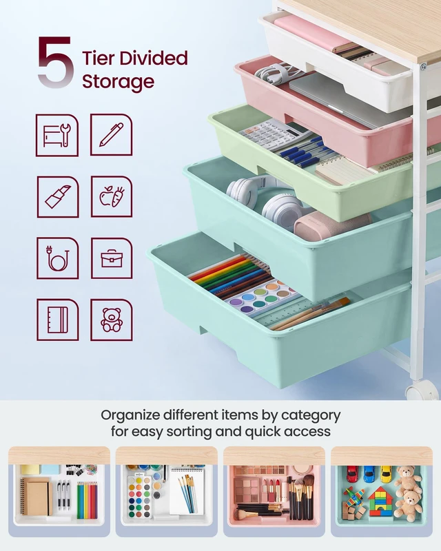 Alt view image 6 of 7 - Rolling Cart with Drawers,5 Drawers Storage Cart, Multicolor Utility Cart, Craft Organizers and Storage, 15.6 x 11.2 x 24.8 inch, for Classroom, Office, Dorm, Metal, ULRC005X101