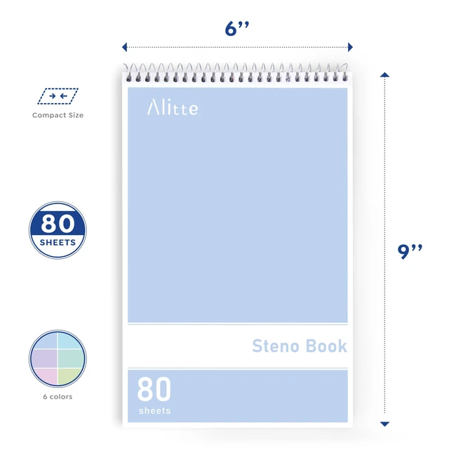 Alt view image 3 of 6 - Steno Pads Spiral 6x9-12 Pack Pastel Colors - Perfect for Work, School, and Home Use, Easy Tear-Off Pages, Gregg ruled, White Paper - No Ink Bleeds - 80 Sheets