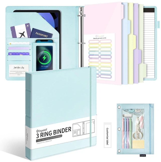 Main image of Leather 3 Ring Binder for Letter Size Documents with Pocketed Storage Dividers, Pencil Pouch & Notepad, 1 Inch Round Rings, Holds 175 Sheets, for Office School Home Organization, Light Blue