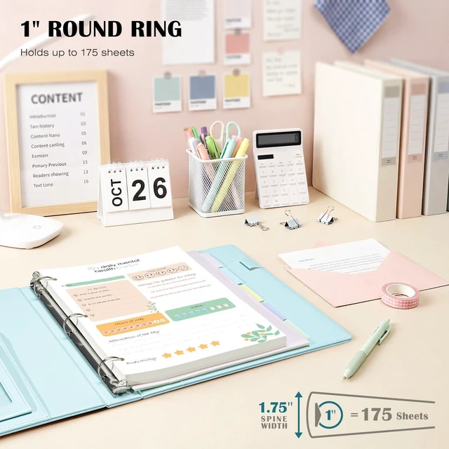 Alt view image 2 of 7 - Leather 3 Ring Binder for Letter Size Documents with Pocketed Storage Dividers, Pencil Pouch & Notepad, 1 Inch Round Rings, Holds 175 Sheets, for Office School Home Organization, Light Blue