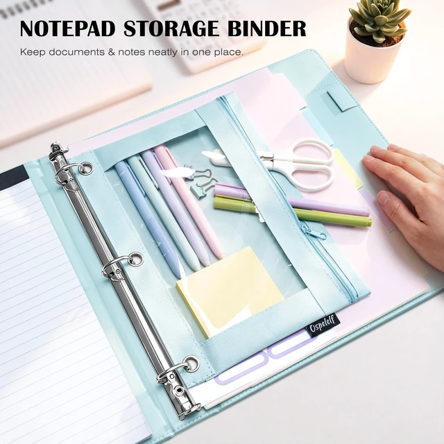 Alt view image 4 of 7 - Leather 3 Ring Binder for Letter Size Documents with Pocketed Storage Dividers, Pencil Pouch & Notepad, 1 Inch Round Rings, Holds 175 Sheets, for Office School Home Organization, Light Blue