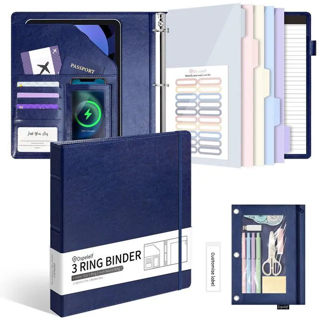 Main image of Leather 3 Ring Binder for Letter Size Documents with Durable Pocketed Dividers, Storage Bag & Notepad, 1 Inch Round Rings, Holds 175 Sheets, for Office School Home Organization, Deep Blue