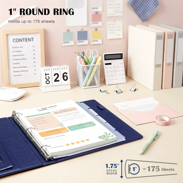 Alt view image 2 of 7 - Leather 3 Ring Binder for Letter Size Documents with Durable Pocketed Dividers, Storage Bag & Notepad, 1 Inch Round Rings, Holds 175 Sheets, for Office School Home Organization, Deep Blue