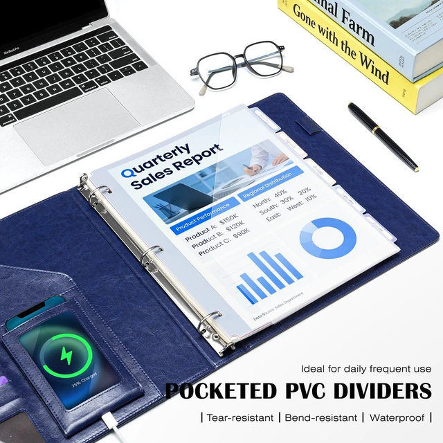 Alt view image 6 of 7 - Leather 3 Ring Binder for Letter Size Documents with Durable Pocketed Dividers, Storage Bag & Notepad, 1 Inch Round Rings, Holds 175 Sheets, for Office School Home Organization, Deep Blue