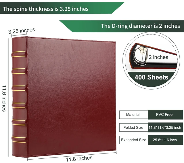 Alt view image 2 of 7 - Vintage Hardback 3 Ring Binder 2 Inch, Professional Leather Binder 3 Ring, Three Ring Binders Fits 8.5" x 11", D Ring Binders for Photo Album, Home, School and Office Supplies- Dark Red