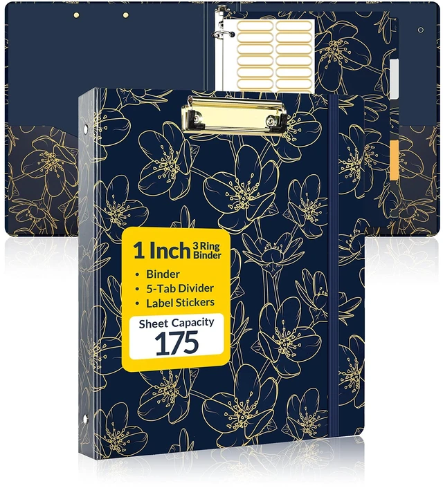 Main image of 1 Inch Binder with Dividers, Three Ring Binder Organizer with Clipboard, 5 Tab Dividers, 18 Labels and 2 Pockets, Letter Size for School and Office Supplies,Gold Rose on Navy Design