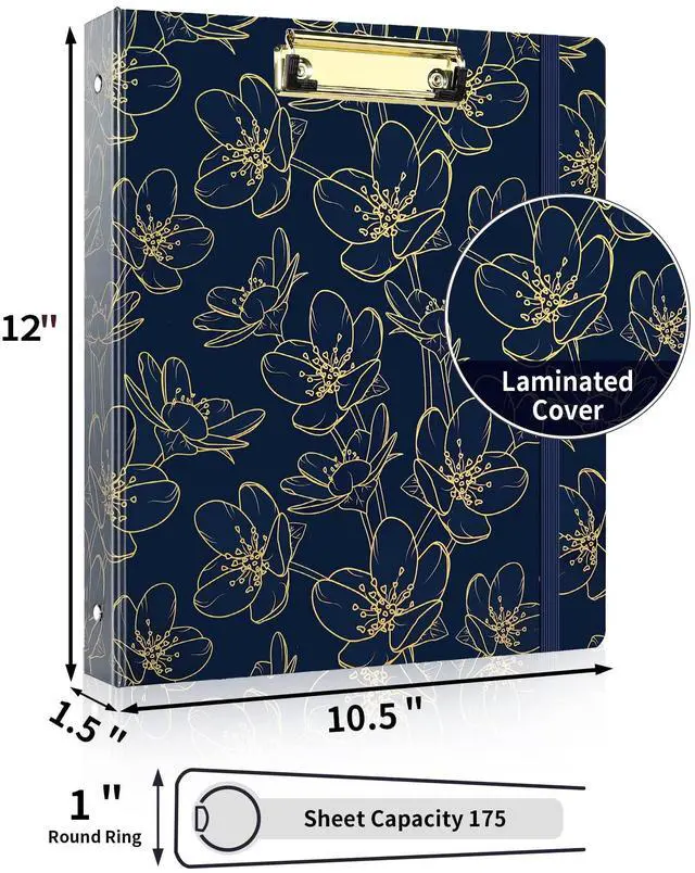 Alt view image 2 of 7 - 1 Inch Binder with Dividers, Three Ring Binder Organizer with Clipboard, 5 Tab Dividers, 18 Labels and 2 Pockets, Letter Size for School and Office Supplies,Gold Rose on Navy Design