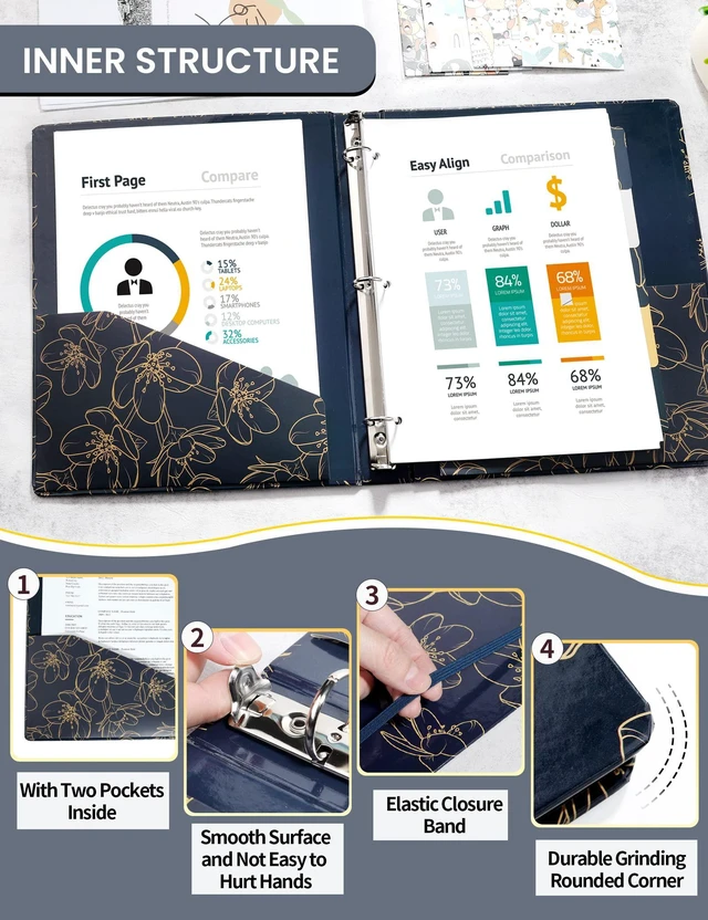 Alt view image 5 of 7 - 1 Inch Binder with Dividers, Three Ring Binder Organizer with Clipboard, 5 Tab Dividers, 18 Labels and 2 Pockets, Letter Size for School and Office Supplies,Gold Rose on Navy Design