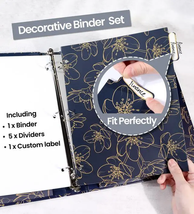 Alt view image 4 of 7 - 1 Inch Binder with Dividers, Three Ring Binder Organizer with Clipboard, 5 Tab Dividers, 18 Labels and 2 Pockets, Letter Size for School and Office Supplies,Gold Rose on Navy Design