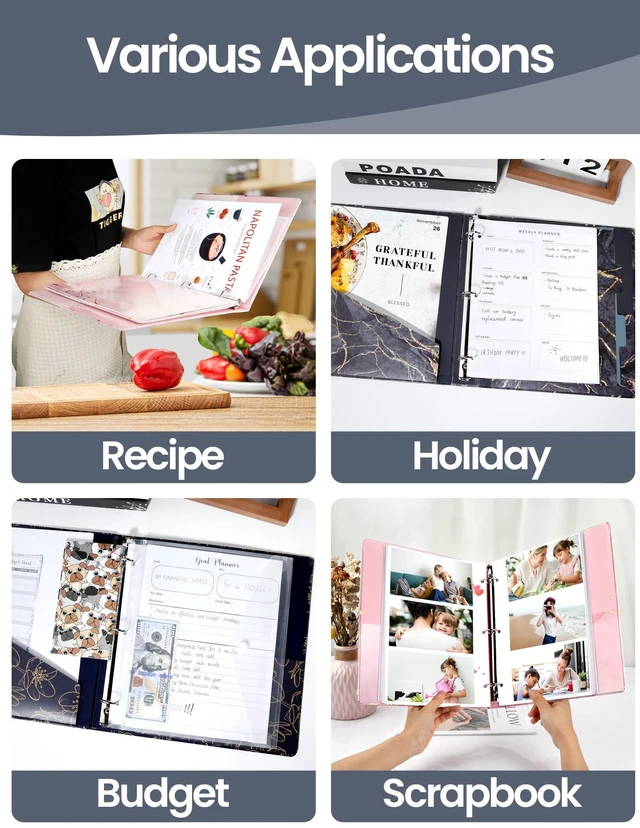 Alt view image 7 of 7 - 1 Inch Binder with Dividers, Three Ring Binder Organizer with Clipboard, 5 Tab Dividers, 18 Labels and 2 Pockets, Letter Size for School and Office Supplies,Gold Rose on Navy Design