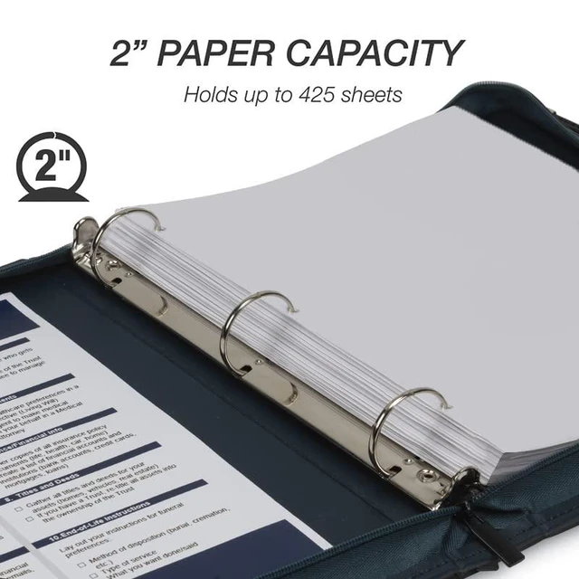 Alt view image 5 of 7 - Leather Binder, Classic Collection - Zippered, Executive Presentation Portfolio, 1.5 Inch Round Ring (Holds 325 Sheets), Silver Corner Accents, Navy