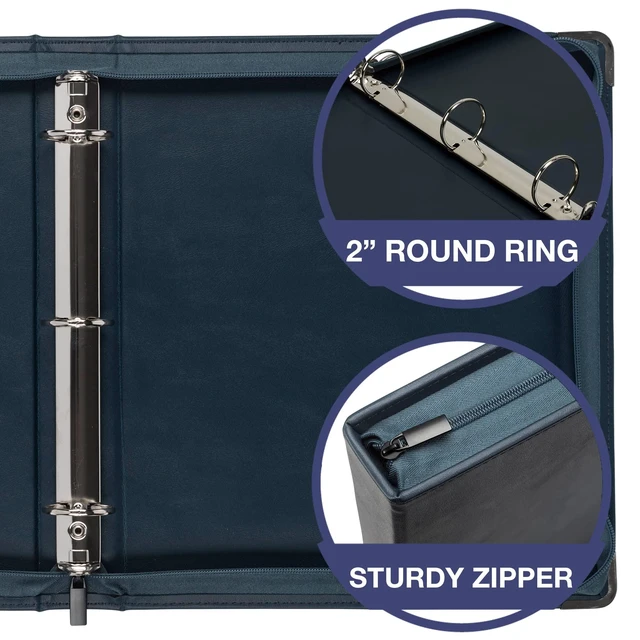 Alt view image 4 of 7 - Leather Binder, Classic Collection - Zippered, Executive Presentation Portfolio, 1.5 Inch Round Ring (Holds 325 Sheets), Silver Corner Accents, Navy