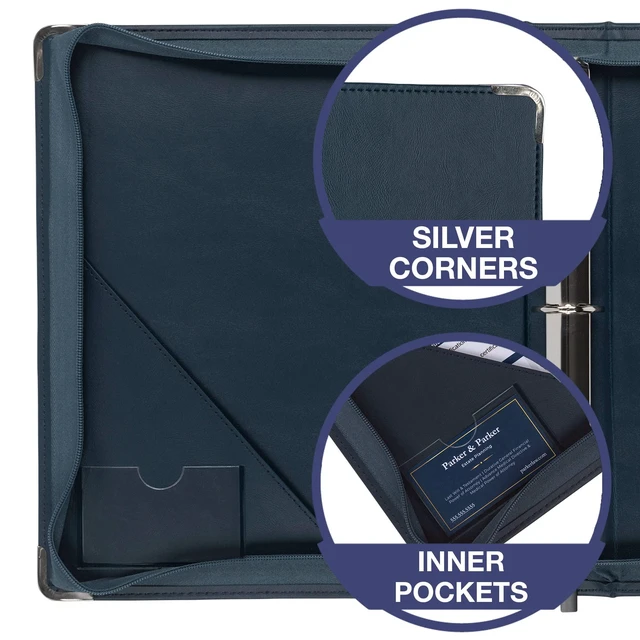 Alt view image 3 of 7 - Leather Binder, Classic Collection - Zippered, Executive Presentation Portfolio, 1.5 Inch Round Ring (Holds 325 Sheets), Silver Corner Accents, Navy