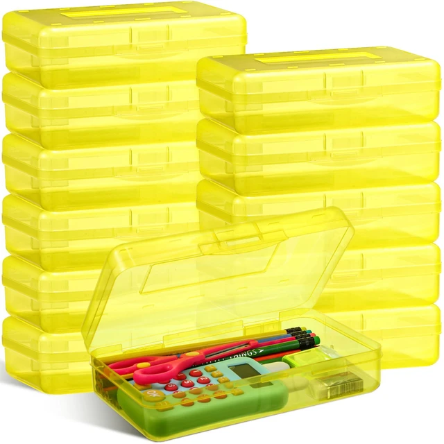Main image of 24 Pack Clear Plastic Pencil Box,Yellow Stackable Organizer for School Supplies, Large Case for Crayons Markers, Snap-lid Keeps Stationery Secure, Bulk Set