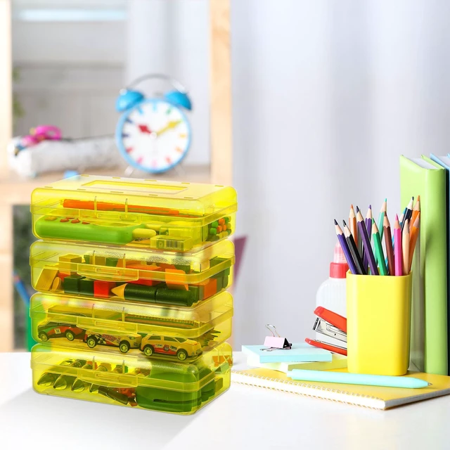 Alt view image 4 of 7 - 24 Pack Clear Plastic Pencil Box,Yellow Stackable Organizer for School Supplies, Large Case for Crayons Markers, Snap-lid Keeps Stationery Secure, Bulk Set