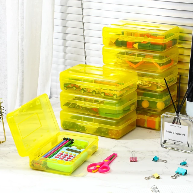 Alt view image 5 of 7 - 24 Pack Clear Plastic Pencil Box,Yellow Stackable Organizer for School Supplies, Large Case for Crayons Markers, Snap-lid Keeps Stationery Secure, Bulk Set