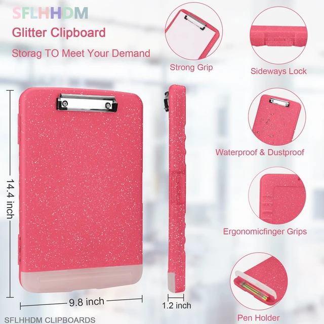 Alt view image 2 of 7 - Glitter Clipboard with Storage,Storage Clipboard with Pen Holder,A4 Binder Clip Boards 8.5x11 with Low Profile Clip,Side Opening Sparkle Clipboards,Clipboards Folder for Office Supplies-Rose Red