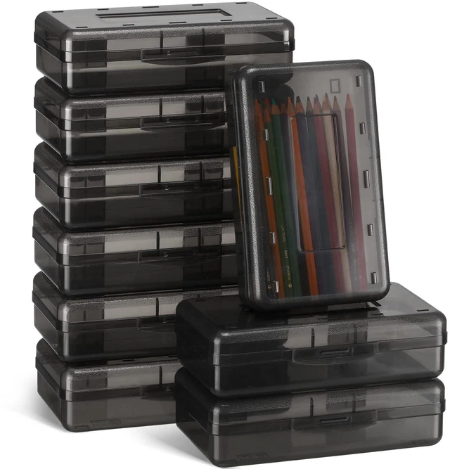 Main image of 12 Pack Pencil Boxes Bulk, Large Plastic Case,Gray Stackable Hard Storage Box with Snap Lid for School Classroom, Desk Drawer Organizer, Crayons Markers Kids Supplies