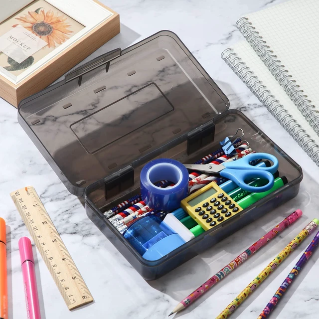 Alt view image 4 of 6 - 12 Pack Pencil Boxes Bulk, Large Plastic Case,Gray Stackable Hard Storage Box with Snap Lid for School Classroom, Desk Drawer Organizer, Crayons Markers Kids Supplies