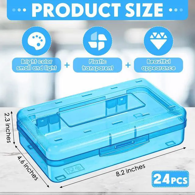 Alt view image 2 of 7 - 24 Pack Clear Plastic Pencil Box,Blue, Purple Stackable Organizer for School Supplies, Large Case for Crayons Markers, Snap-lid Keeps Stationery Secure, Bulk Set