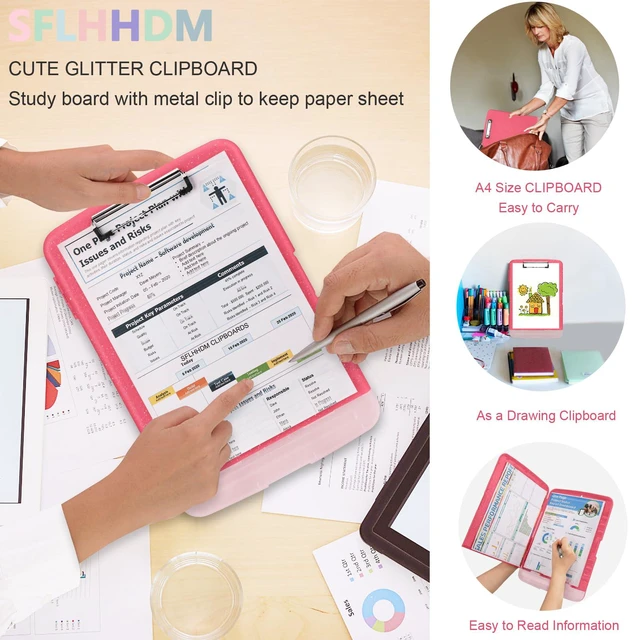 Alt view image 7 of 7 - Glitter Clipboard with Storage,Storage Clipboard with Pen Holder,A4 Binder Clip Boards 8.5x11 with Low Profile Clip,Side Opening Sparkle Clipboards,Clipboards Folder for Office Supplies-Rose Red