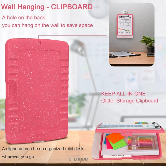 Alt view image 6 of 7 - Glitter Clipboard with Storage,Storage Clipboard with Pen Holder,A4 Binder Clip Boards 8.5x11 with Low Profile Clip,Side Opening Sparkle Clipboards,Clipboards Folder for Office Supplies-Rose Red