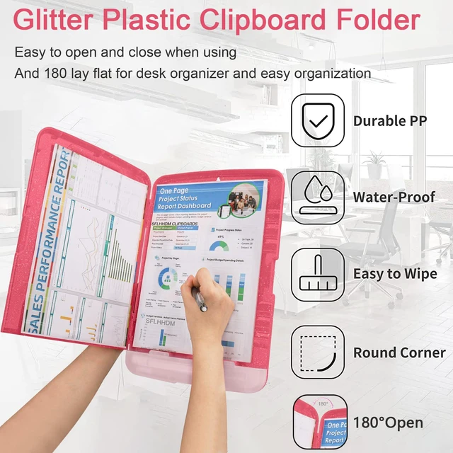 Alt view image 5 of 7 - Glitter Clipboard with Storage,Storage Clipboard with Pen Holder,A4 Binder Clip Boards 8.5x11 with Low Profile Clip,Side Opening Sparkle Clipboards,Clipboards Folder for Office Supplies-Rose Red