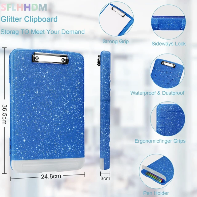 Alt view image 3 of 7 - Glitter Clipboard with Storage,Storage Clipboard with Pen Holder,A4 Binder Clip Boards 8.5x11 with Low Profile Clip,Side Opening Sparkle Clipboards, Clipboards Folder for Office Supplies-Starsky Blue