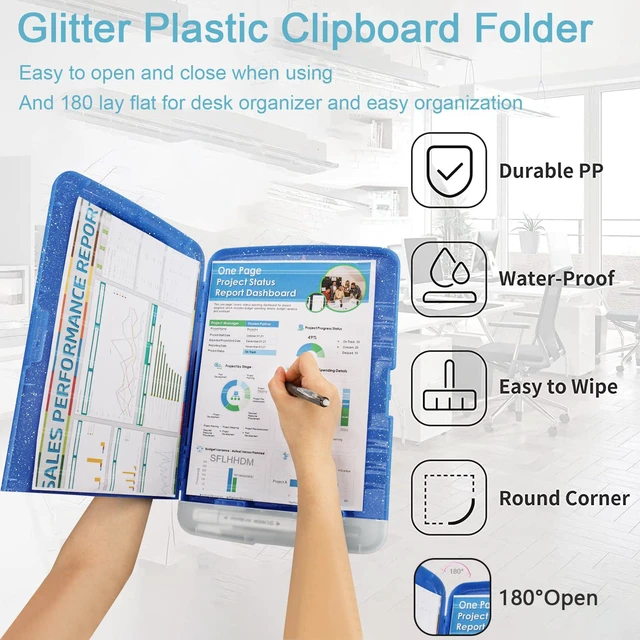 Alt view image 4 of 7 - Glitter Clipboard with Storage,Storage Clipboard with Pen Holder,A4 Binder Clip Boards 8.5x11 with Low Profile Clip,Side Opening Sparkle Clipboards, Clipboards Folder for Office Supplies-Starsky Blue