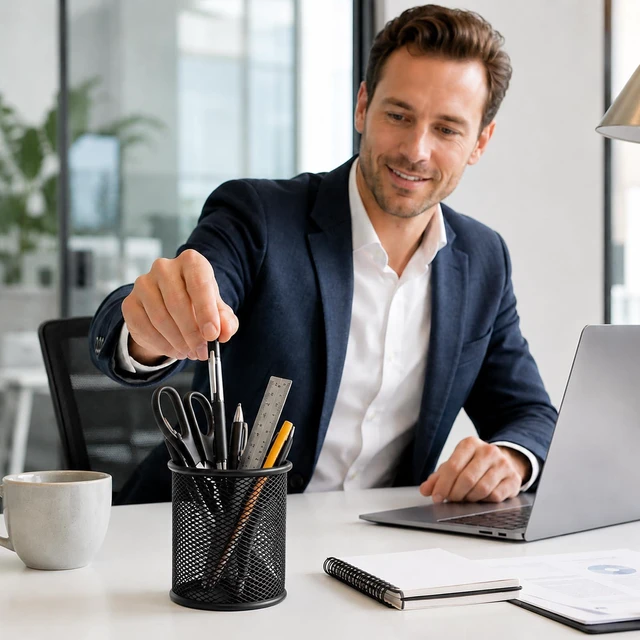 Alt view image 2 of 7 - Mesh Pencil Cup for Desk 6 Pack, Black Pen Holder 3.54"x3.93" Metal Pencil Box, Desk Organizer for Office, School, Home & Business