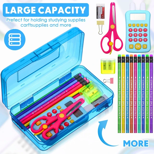 Alt view image 3 of 7 - 24 Pack Clear Plastic Pencil Box,Blue, Purple Stackable Organizer for School Supplies, Large Case for Crayons Markers, Snap-lid Keeps Stationery Secure, Bulk Set