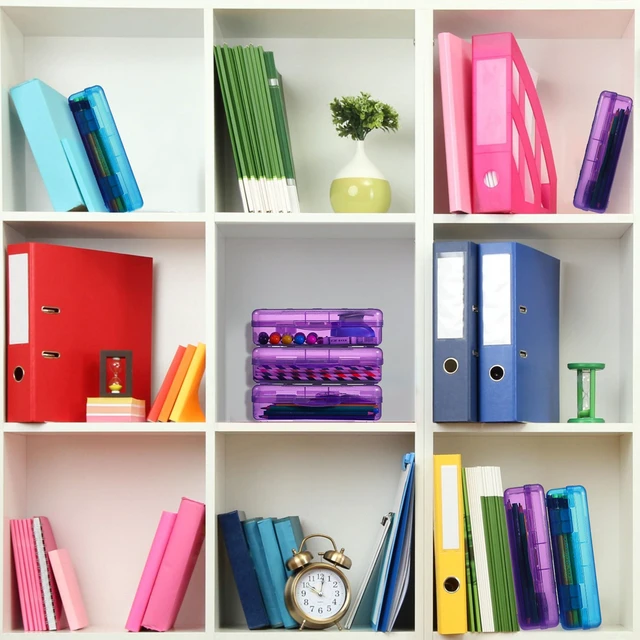 Alt view image 5 of 7 - 24 Pack Clear Plastic Pencil Box,Blue, Purple Stackable Organizer for School Supplies, Large Case for Crayons Markers, Snap-lid Keeps Stationery Secure, Bulk Set