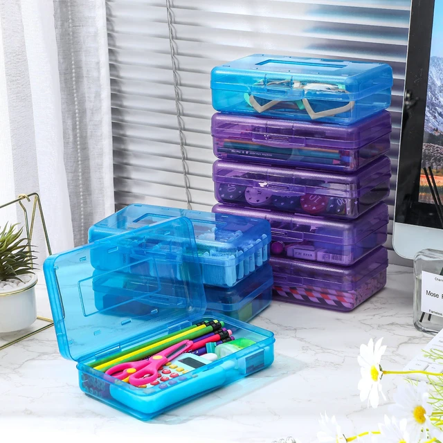 Alt view image 4 of 7 - 24 Pack Clear Plastic Pencil Box,Blue, Purple Stackable Organizer for School Supplies, Large Case for Crayons Markers, Snap-lid Keeps Stationery Secure, Bulk Set