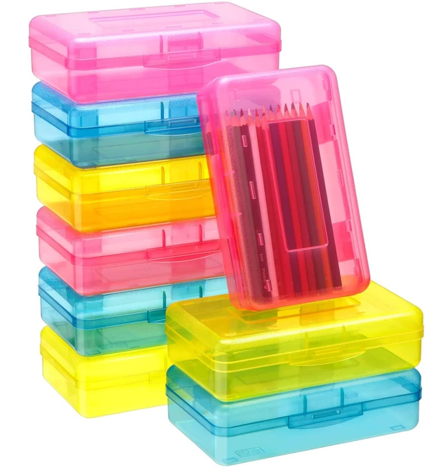 Main image of 24 Pack Clear Plastic Pencil Box, Pink, Yellow, Blue Stackable Organizer for School Supplies, Large Case for Crayons Markers, Snap-lid Keeps Stationery Secure, Bulk Set