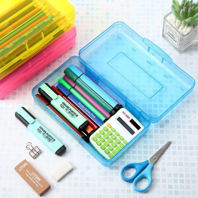 Alt view image 4 of 6 - 24 Pack Clear Plastic Pencil Box, Pink, Yellow, Blue Stackable Organizer for School Supplies, Large Case for Crayons Markers, Snap-lid Keeps Stationery Secure, Bulk Set