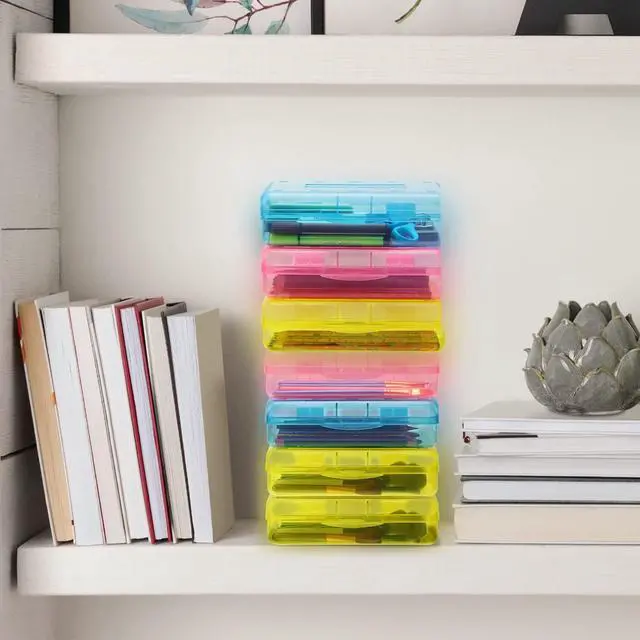 Alt view image 5 of 6 - 24 Pack Clear Plastic Pencil Box, Pink, Yellow, Blue Stackable Organizer for School Supplies, Large Case for Crayons Markers, Snap-lid Keeps Stationery Secure, Bulk Set
