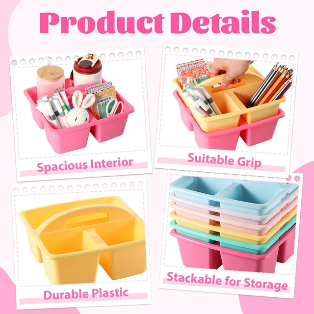 Alt view image 3 of 7 - 6 Pack Plastic Classroom Organizer Caddy with Handle, Pastel 3 Compartment, Portable Supply Storage Caddy, Craft Art Caddies for Pencil, Crayon, Marker, Home, Office, School Supplies