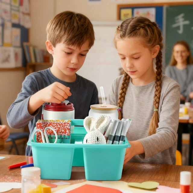 Alt view image 5 of 7 - 6 Pack Plastic Classroom Organizer Caddy with Handle, Pastel 3 Compartment, Portable Supply Storage Caddy, Craft Art Caddies for Pencil, Crayon, Marker, Home, Office, School Supplies