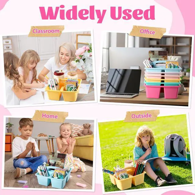 Alt view image 6 of 7 - 6 Pack Plastic Classroom Organizer Caddy with Handle, Pastel 3 Compartment, Portable Supply Storage Caddy, Craft Art Caddies for Pencil, Crayon, Marker, Home, Office, School Supplies