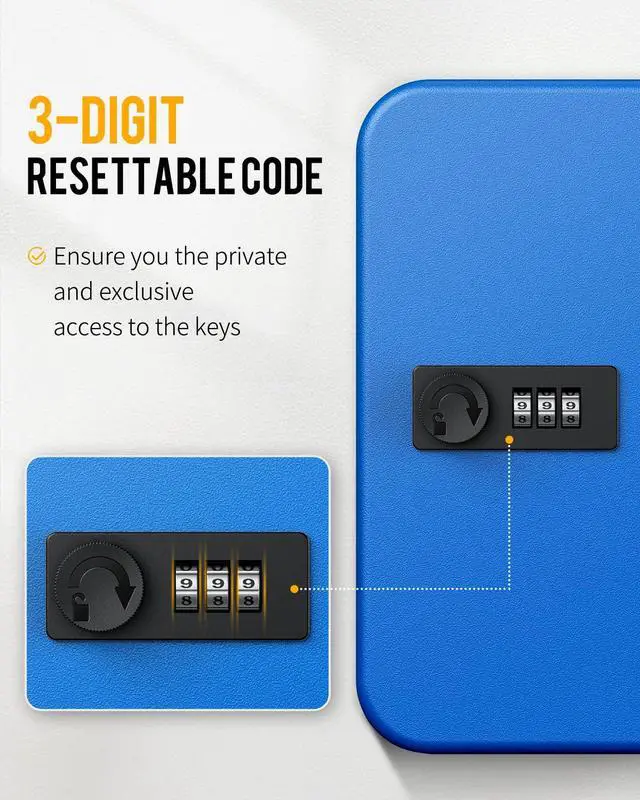 Alt view image 3 of 7 - 28 Keys Steel Key Cabinet with Resettable Code Blue Wall Mounted Key Organizer with Combination Lock Digital Security Box with Hooks and Large Key Tag Labels Identifiers in 5 Assorted Colors