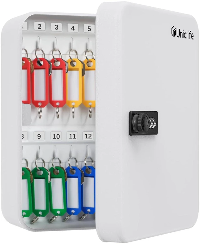 Main image of 28-Key Steel Key Cabinet with Combination Lock Wall Mounted Key Organizer with Resettable Code White Digital Security Box with Hooks and Large Key Tag Labels Identifiers in 5 Assorted Colors