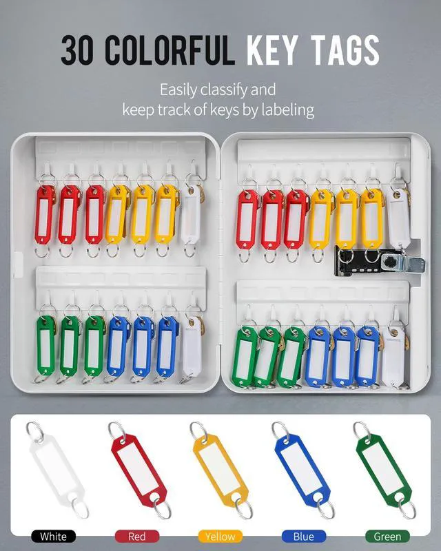 Alt view image 5 of 7 - 28-Key Steel Key Cabinet with Combination Lock Wall Mounted Key Organizer with Resettable Code White Digital Security Box with Hooks and Large Key Tag Labels Identifiers in 5 Assorted Colors