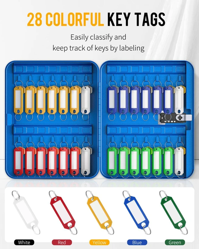 Alt view image 5 of 7 - 28 Keys Steel Key Cabinet with Resettable Code Blue Wall Mounted Key Organizer with Combination Lock Digital Security Box with Hooks and Large Key Tag Labels Identifiers in 5 Assorted Colors