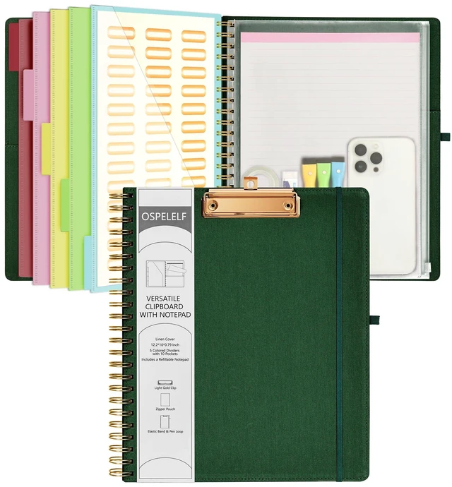 Main image of Foldable Spiral Clipboard Folio with Storage Zipper Pouch, 5 Plastic Folders with 10 Pockets,Refillable Lined Notepad (11" x 8.5"), Hardcover Project Organizer with 39 Stickers (Dark Green)